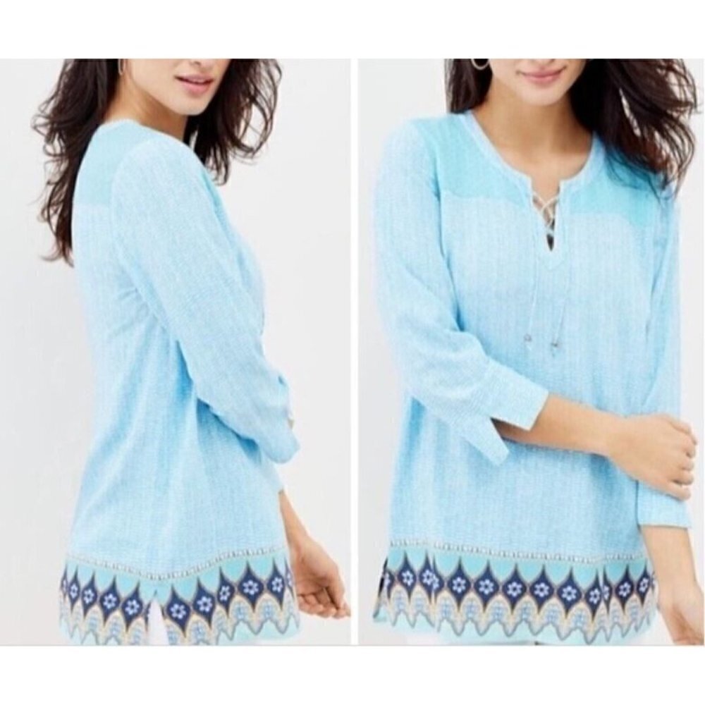 J Jill Top Womens Large Aegean Seashell Lace Up 3/4 Sleeve Boho Peasant Beach
